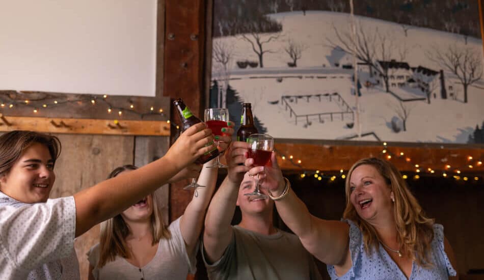 A group of 4 people toasting with glasses of wine.