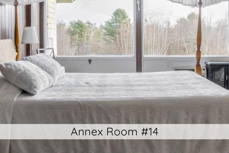 A bedroom with wood floors and shiplap wall behind the bed, a bed with a wood headboard, and white bedding, round tables on either side of the bed with lamps, an electric fireplace along one wall, and windows the width of one wall with views of the beautiful trees and mountains. Titled Annex Room #14.